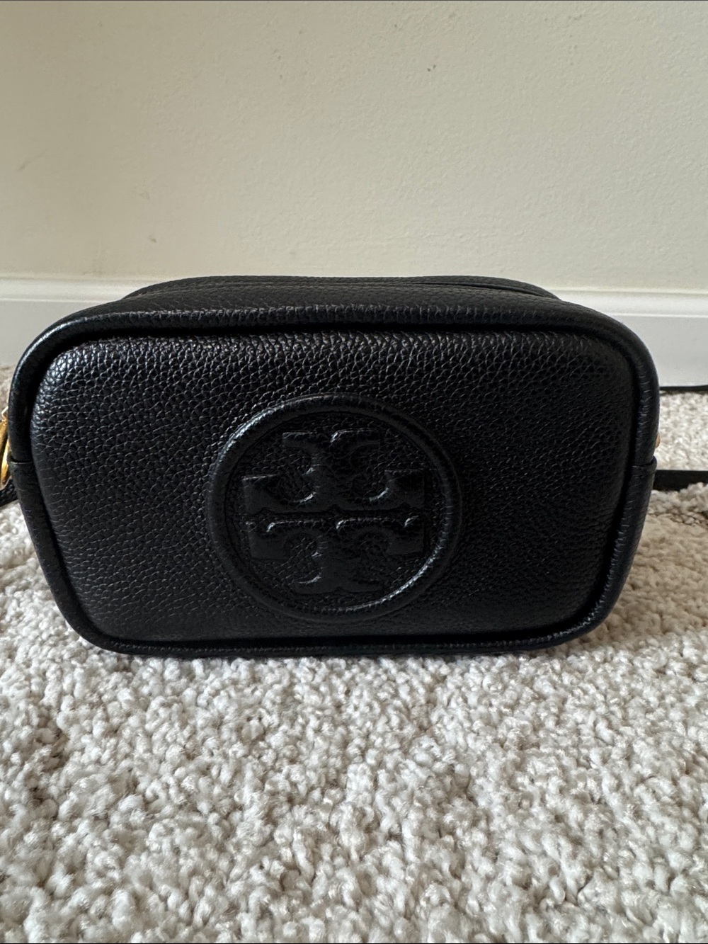 Tory Burch Black Pebbled Leather Crossbody Camera Bag with Logo Medallion